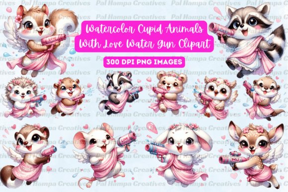 Adorable Cupid Animals with Love Water Gun Clipart