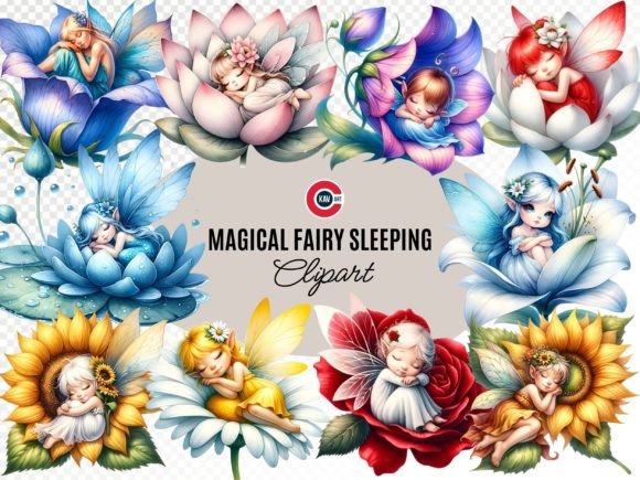 Cute Magical Fairy Sleeping on Flower: A Dreamy Watercolor Clipart