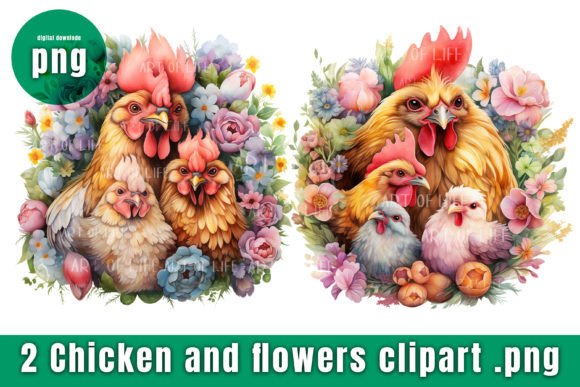 Flowers and Chicken Clipart: Watercolor Charm for Your Projects
