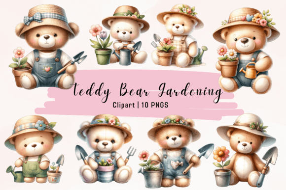 Teddy Bear Gardening Watercolor Clipart: A Whimsical Asset for Your Projects
